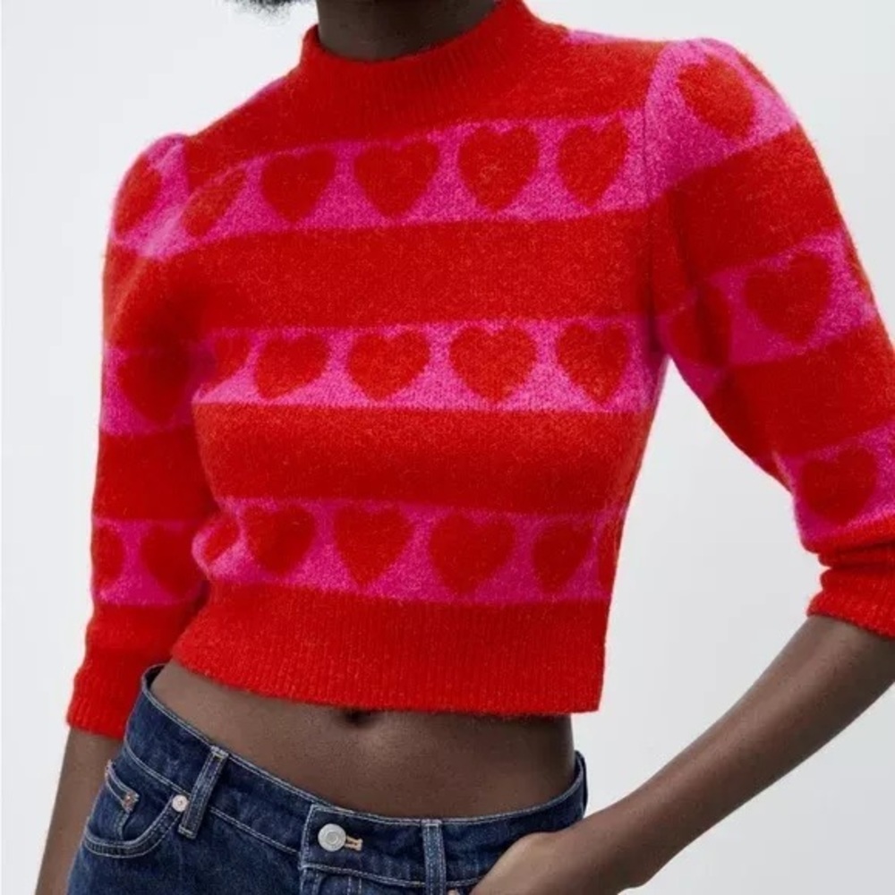 Zara Hearts Sweater Pink Red Crop Top Knit Size M Medium Vday V-day Valentines